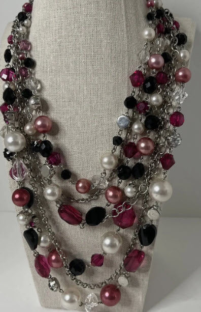 VINTAGE WHBM MULTI-STRAND PINK/WHITE/CLEAR/SILVER & FAUX PEARLS NECKLACE