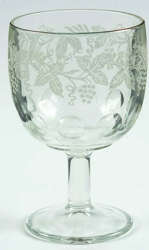 VINTAGE BARTLETT-COLLINS CLEAR GLASS WATER/WINE WITH FROSTED GRAPE LEAF ETCHED DESIGN