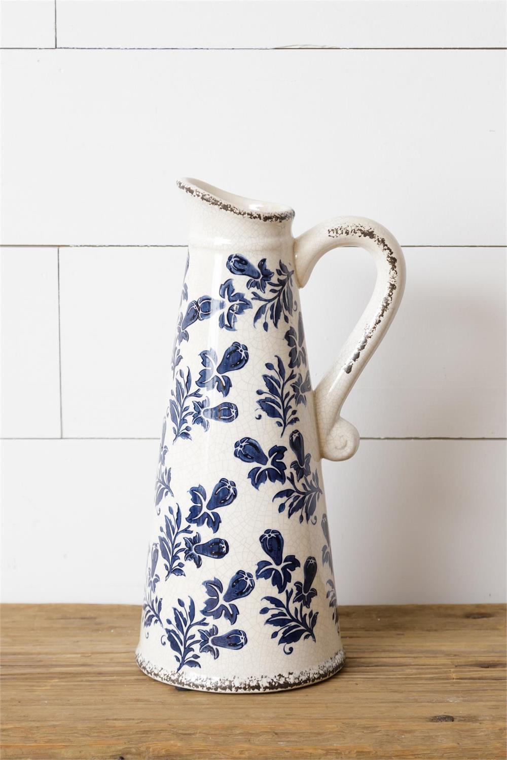BLUE FLORAL CERAMIC PITCHER