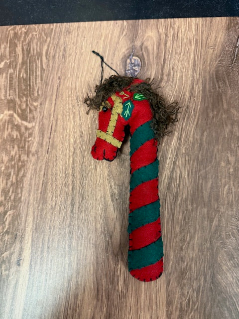 CHRISTMAS FELTED WOOL HORSE CANDY CANE ORNAMENTS - ASSORTED
