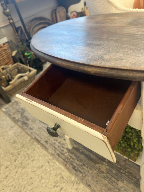 HANDPAINTED WHITE OVAL SIDE TABLE WITH WALNUT STAINED OAK TOP