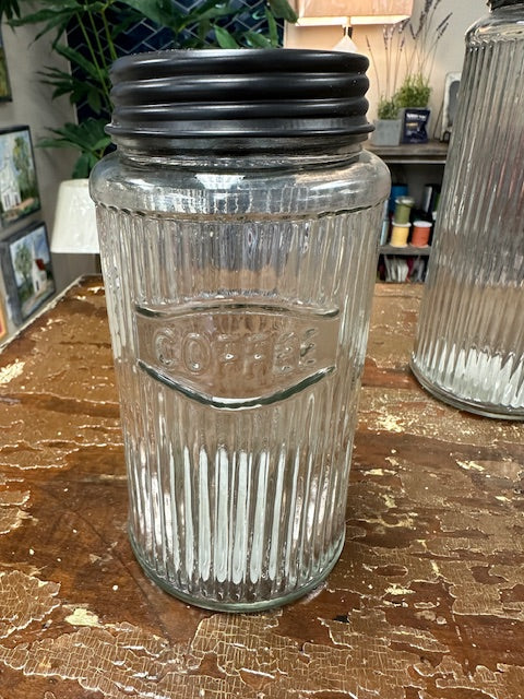 VINTAGE RIBBED HOOSIER GLASS JARS WITH BRONZE TOP - ASSORTED: FLOUR, SUGAR, COFFEE & TEA