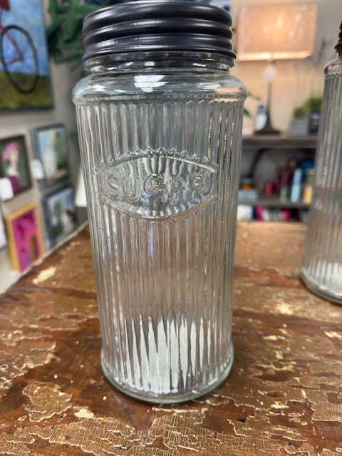 VINTAGE RIBBED HOOSIER GLASS JARS WITH BRONZE TOP - ASSORTED: FLOUR, SUGAR, COFFEE & TEA