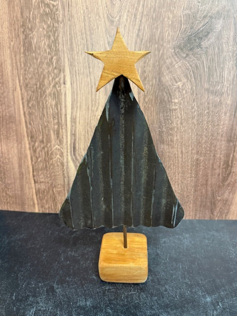 LOCALLY MADE BY JINGO WORKS - METAL CHRISTMAS TREE ON STAND WITH WOOD STAR