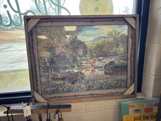 22x28 WESTERN CATTLE PRINT IN VINTAGE BARNWOOD AND BARB WIRE FRAME