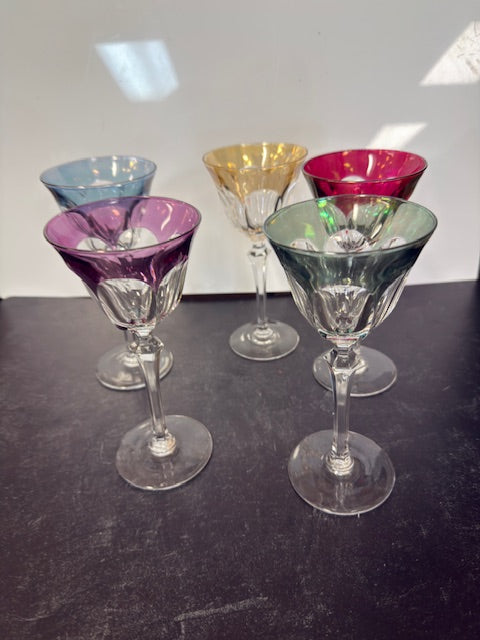DESIGN GUILD CRYSTAL WINE GLASSES-RUBY, AMETHYST, AMBER, COBALT AND RUBY - SET OF 5