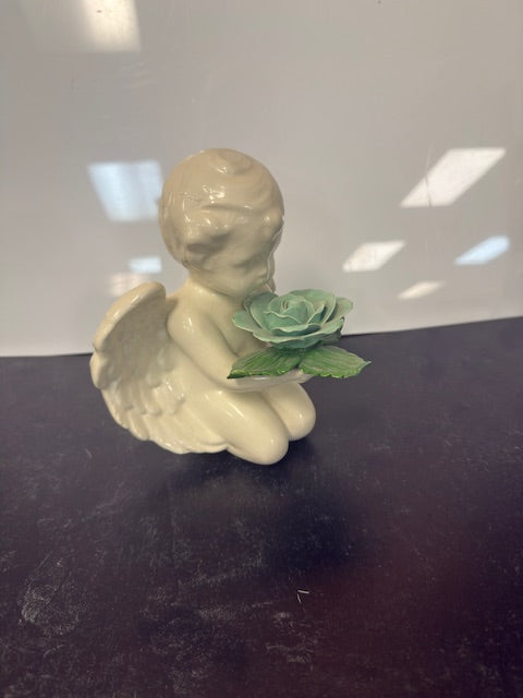 CHERUB GUARDIAN ANGEL FIGURINE WITH PORCELAIN ROSE - VINTAGE 1980'S