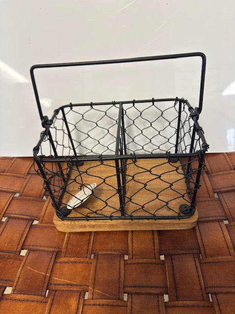 BLACK WIRE METAL AND WOOD UTENSIL HOLDER
