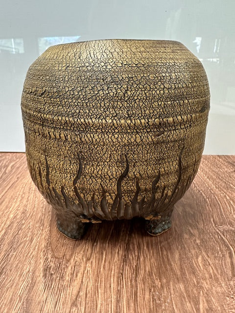 POTTERY BY SARAH FORNO - BROWN CRACKLED FOOTED VASE W/FLAMES 6 1/2"D x 6 1/2"T