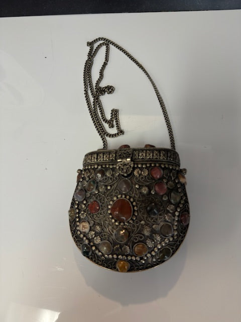VINTAGE SAJAI METAL AND AGATE SCROLL BOX PURSE
