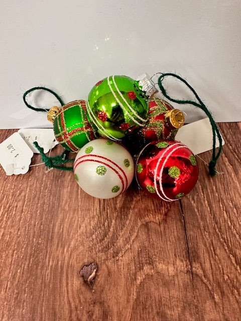 MINIATURE GLITTER PLAID AND POLKA DOT ORNAMENTS - ASSORTED