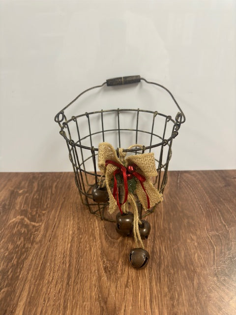 RUSTIC METAL WIRE BASKET WITH BURLAP BOW AND BELLS
