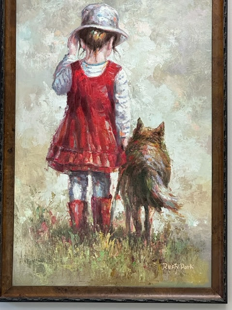 GIRL WITH HER DOG WEARING RED RAIN BOOTS "GIRL" by Rusty Park
