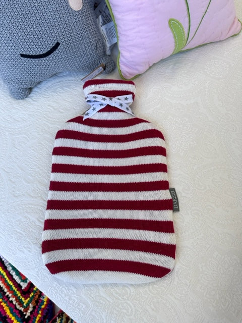 RED STRIPED COTTON KNIT HOT WATER BOTTLE AND COVER