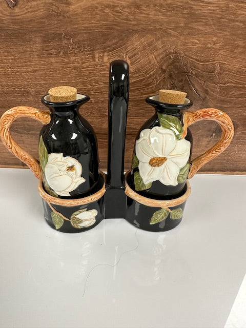 VINTAGE BLACK ARTIMINO MAGNOLIA CHARM CRUET SET W/CADDY HAND PAINTED EARTHENWARE