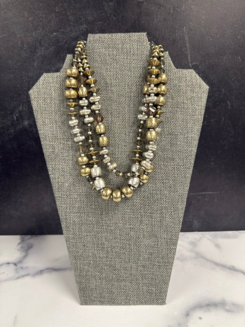 TWO TONE INDUSTRIAL SILVER AND BRONZE WITH GLASS BEADS MULTI STRAND NECKLACE