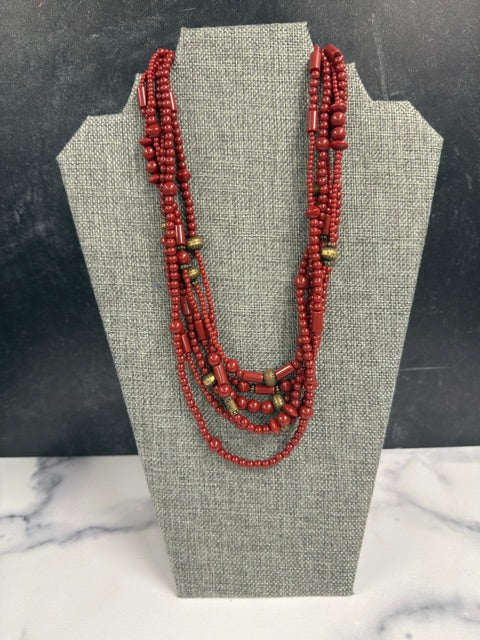 FAUX RED CORAL MULTI STRAND NECKLACE