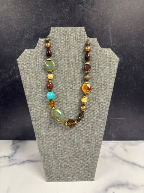 VINTAGE CERAMIC BEAD AND AMBER GLASS NECKLACE