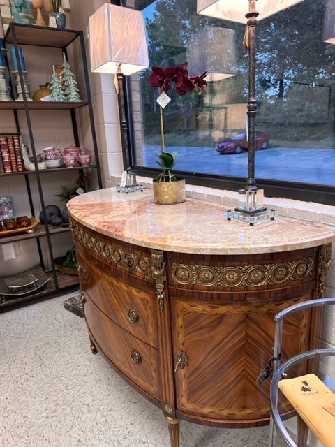 REPRODUCTION FRENCH LOUIS XV STYLE DEMI-LUNE COMMODE WITH MARBLE TOP
