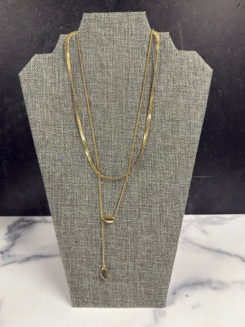 HERRINGBONE GOLD TONE LAYERED LARIAT NECKLACE