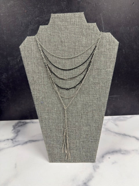 VINTAGE SILVER TONE & BLACK MULTI CHAIN WITH DOUBLE TASSEL ENDS NECKLACE