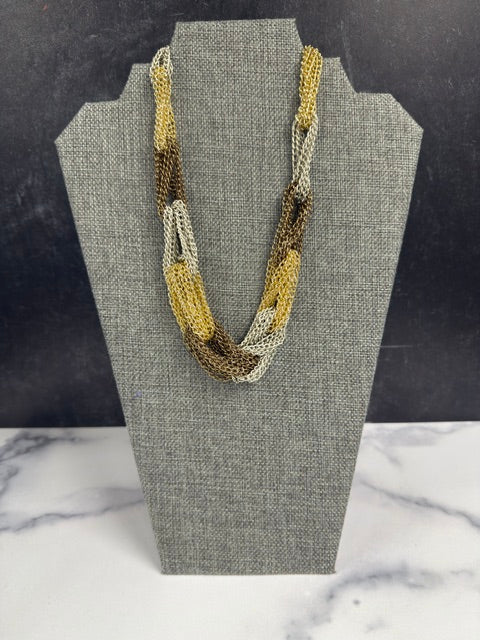 VINTAGE MULTI-STRAND BRAIDED GOLD, SILVER AND BRONZE TONE METAL CHAINS