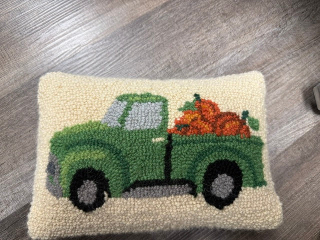 MISTLETOE & CO. GREEN TRUCK WITH PUMPKINS HOOK PILLOW 8" x 12"
