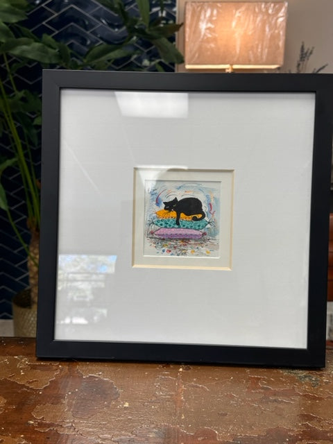 "BLACK CAT ON PILLOWS" ORIGINAL ART FROM PARIS, FRANCE