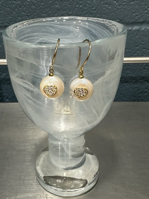 NANCY SCOFIELD JEWELRY - 14kt GOLD-FILL HANDMADE EAR WIRES WITH A WHITE FRESWATER NATURAL COIN PEARL, WITH GOLD CZ JEWEL BLING ELEMENT