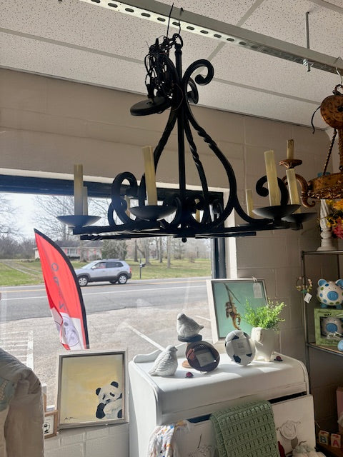 BLACK IRON SCROLL CHANDELIER -USED