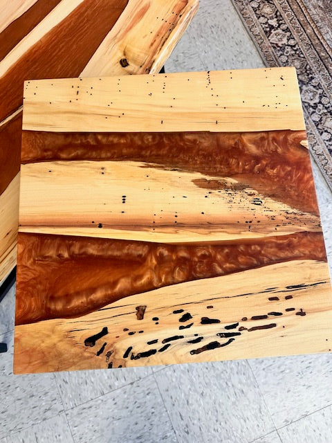 HAND-MADE WOOD & RESIN TABLES - BOX ELDER (MAPLE) WITH BLACK IRON BASE - ASSORTED