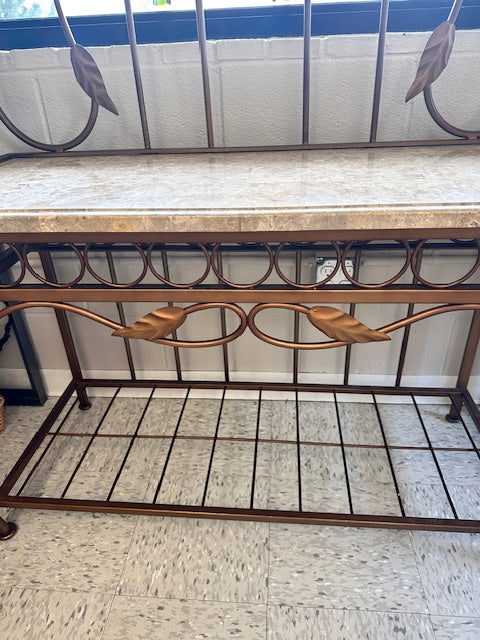 VINTAGE BAKER'S RACK WITH COPPER/GOLD BRONZE FINISH LEAF MOTIF AND MARBLE TOP