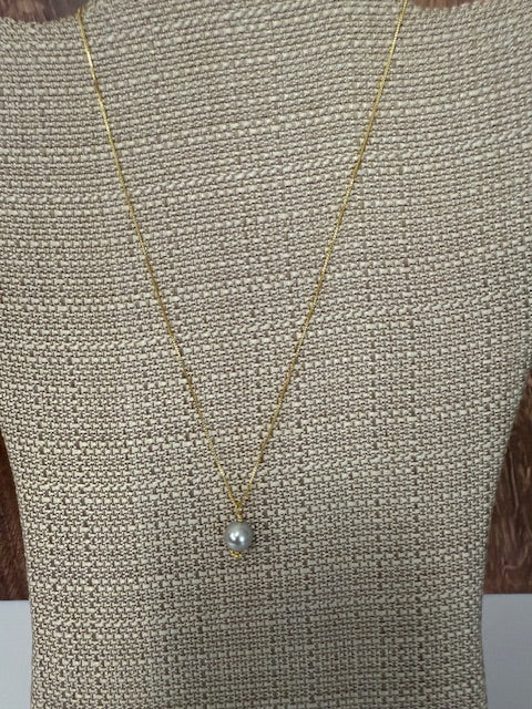 ABW DESIGNS GOLD VERMEIL BOX CHAIN WITH GREY PEARL DROP 18" NECKLACE