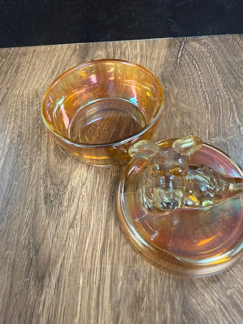 VINTAGE MARIGOLD IRIDESCENT JEANETTE CARNIVAL GLASS LIDDED SCOTTIE TRINKET DISH
