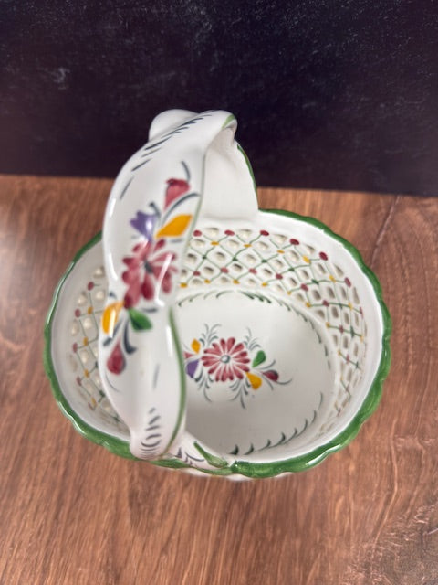VINTAGE PORTUGAL LATTICE HAND PAINTED PORCELAIN BASKET