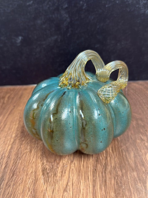 HAND BLOWN GLASS GOURD AND PUMPKIN - IRRIDESCENT AQUA AND GOLD