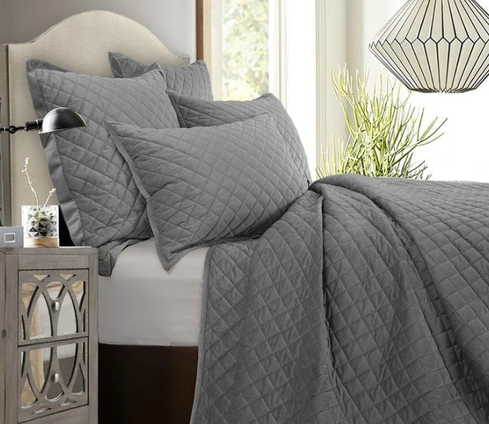 VELVET DIAMOND QUILT SET - GRAY/KING
