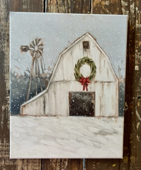 WINTER WHITE BARN, SEASONAL HOME DECOR, FARM CANVAS PRINT