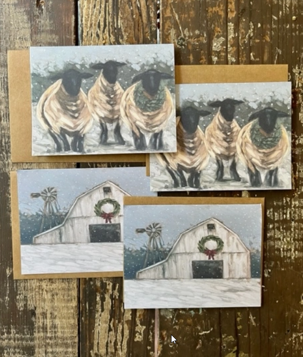 HOLIDAY NOTECARD SET OF 4, CHRISTMAS LAMB & WINTER BARN