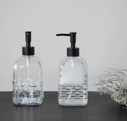 EMBOSSED GLASS SOAP/LOTION DISPENSER WITH PUMP - FULL EMBOSSED