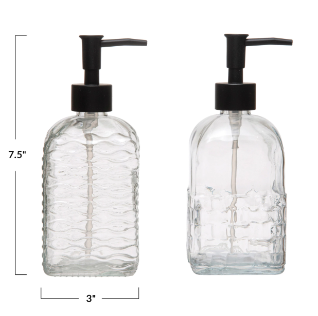 EMBOSSED GLASS SOAP/LOTION DISPENSER WITH PUMP - FULL EMBOSSED