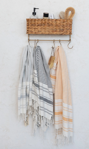 TURKISH COTTON STRIPED BATH TOWEL WITH BRAIDED FRINGE - SOFT GRAY
