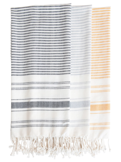 TURKISH COTTON STRIPED BATH TOWEL WITH BRAIDED FRINGE - CHARCOAL