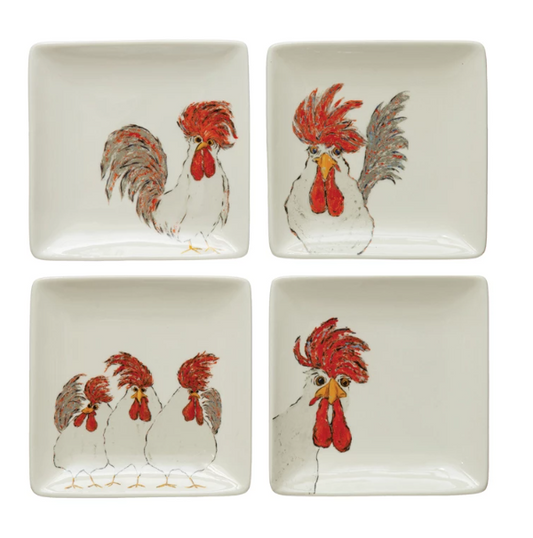 FUNKY CHICKEN STONEWARE PLATES - SET OF 4