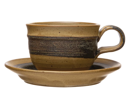 STONEWARE MUG WITH SAUCER