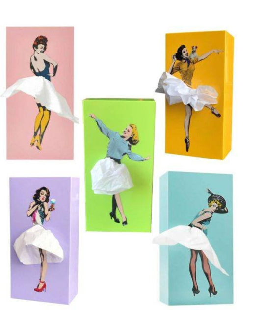 FLYING SKIRT TISSUE BOX, CHARMING VINTAGE POP ART TISSUE HOLDER - PINK