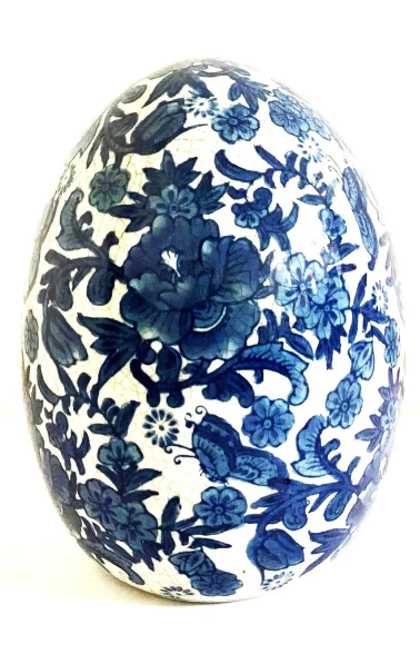 8"H EXQUISITE HAND PAINTED BLUE AND WHITE PORCELAIN EGG