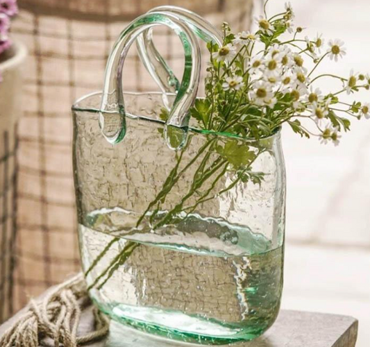 SEEDED GLASS "PURSE" VASE BASKET