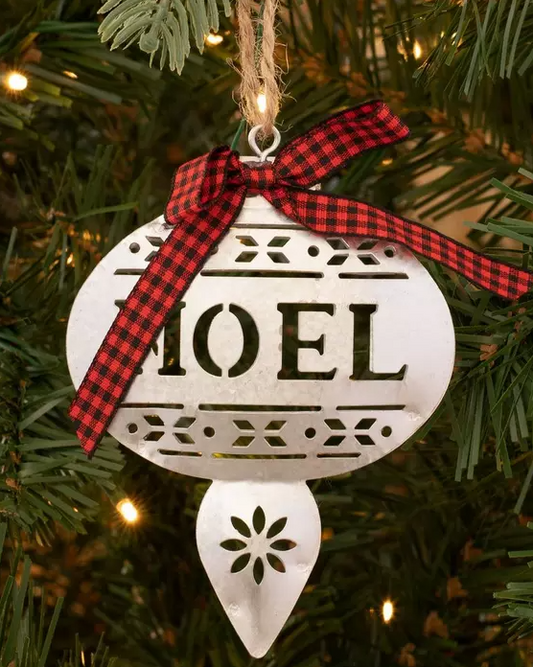 GALVANIZED NOEL RED/BLACK CHECK BOW ORNAMENT