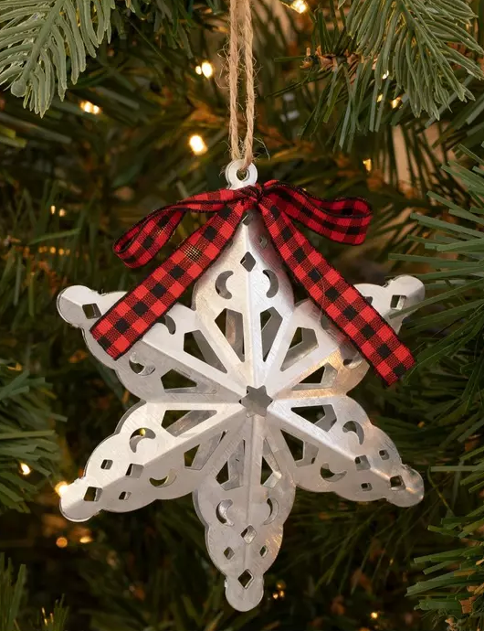 GALVANIZED STAR SNOWFLAKE WITH RED/BLACK BOW ORNAMENT